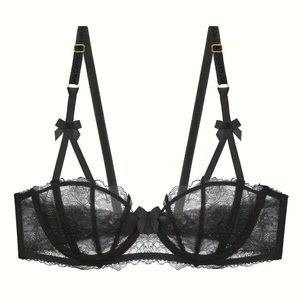 Contrast Lace Balconette Bra, Comfy & Breathable Push Up Bow Tie Bra